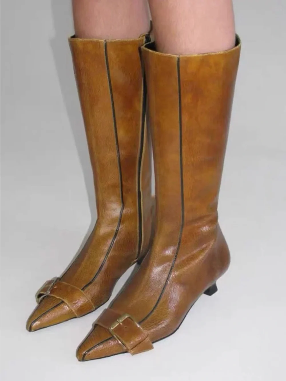 Women's Tall Pointed-Toe Brown Leather Boots
